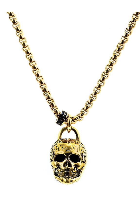 Jewelry Men's Antiqued and Polished Gold Plated Stainless Steel Large Skull Necklace - 24"