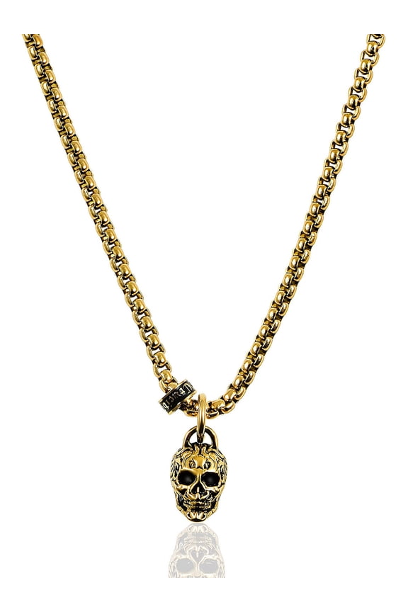 Jewelry Men's Antiqued and Polished Gold Plated Stainless Steel Small Skull Necklace - 24"