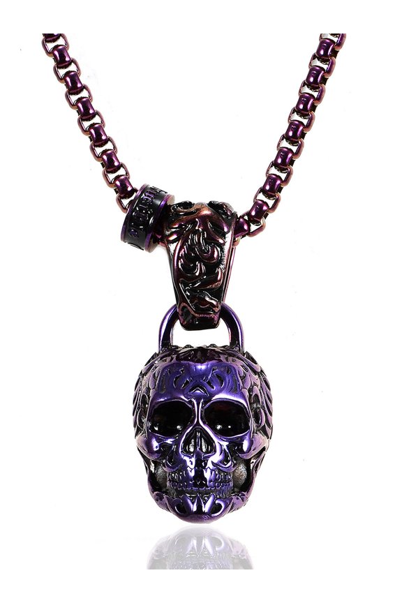 Jewelry Men's Antiqued and Polished Purple Plated Stainless Steel Extra Large Skull Necklace - 28"