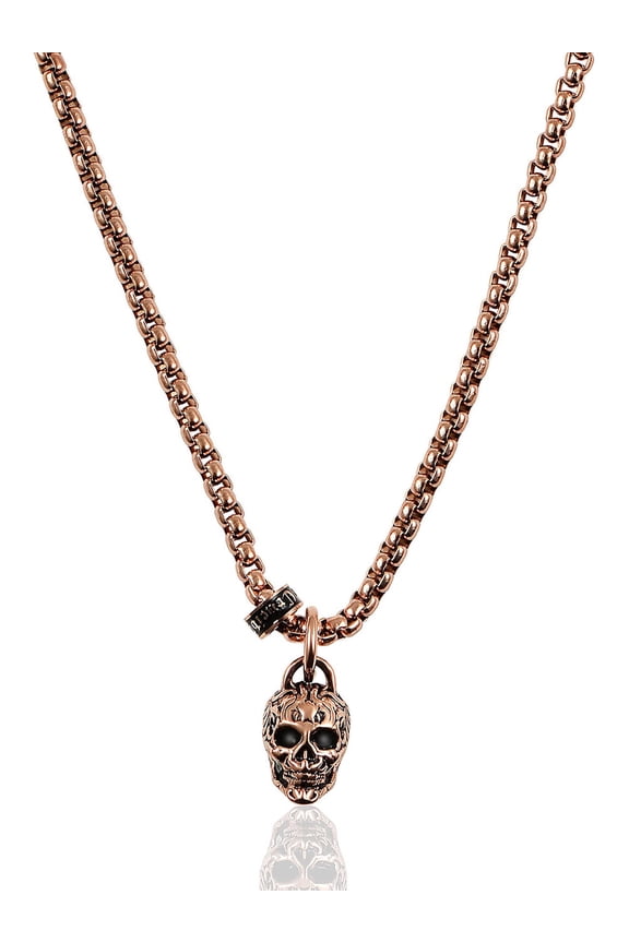 Jewelry Men's Antiqued and Polished Rose Gold Plated Stainless Steel Small Skull Necklace - 24"