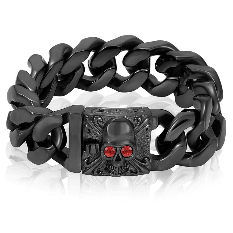 Coastal Jewelry Men s Black Plated Stainless Steel Skull Clasp Curb Chain Bracelet 8.5