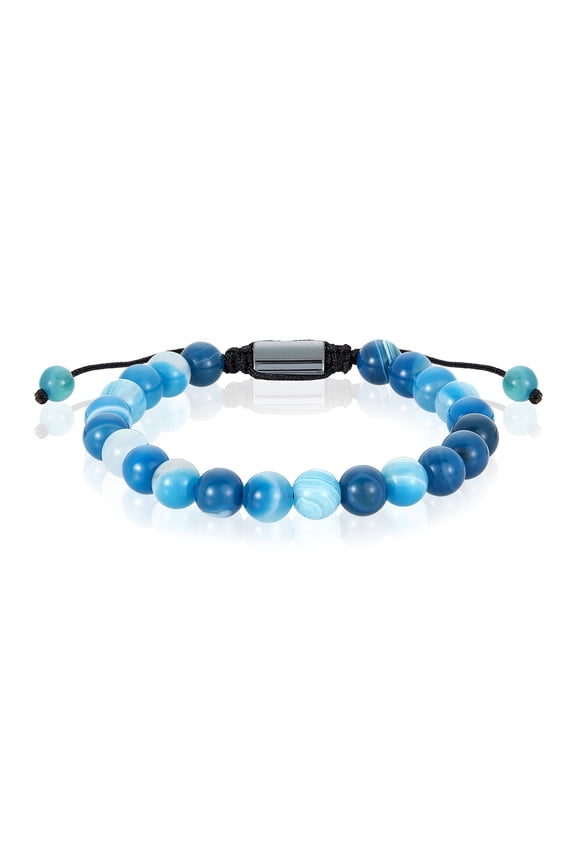 Jewelry Men's Blue Banded Agate Stone Bead Adjustable Shocker Tie Bracelet (8mm)