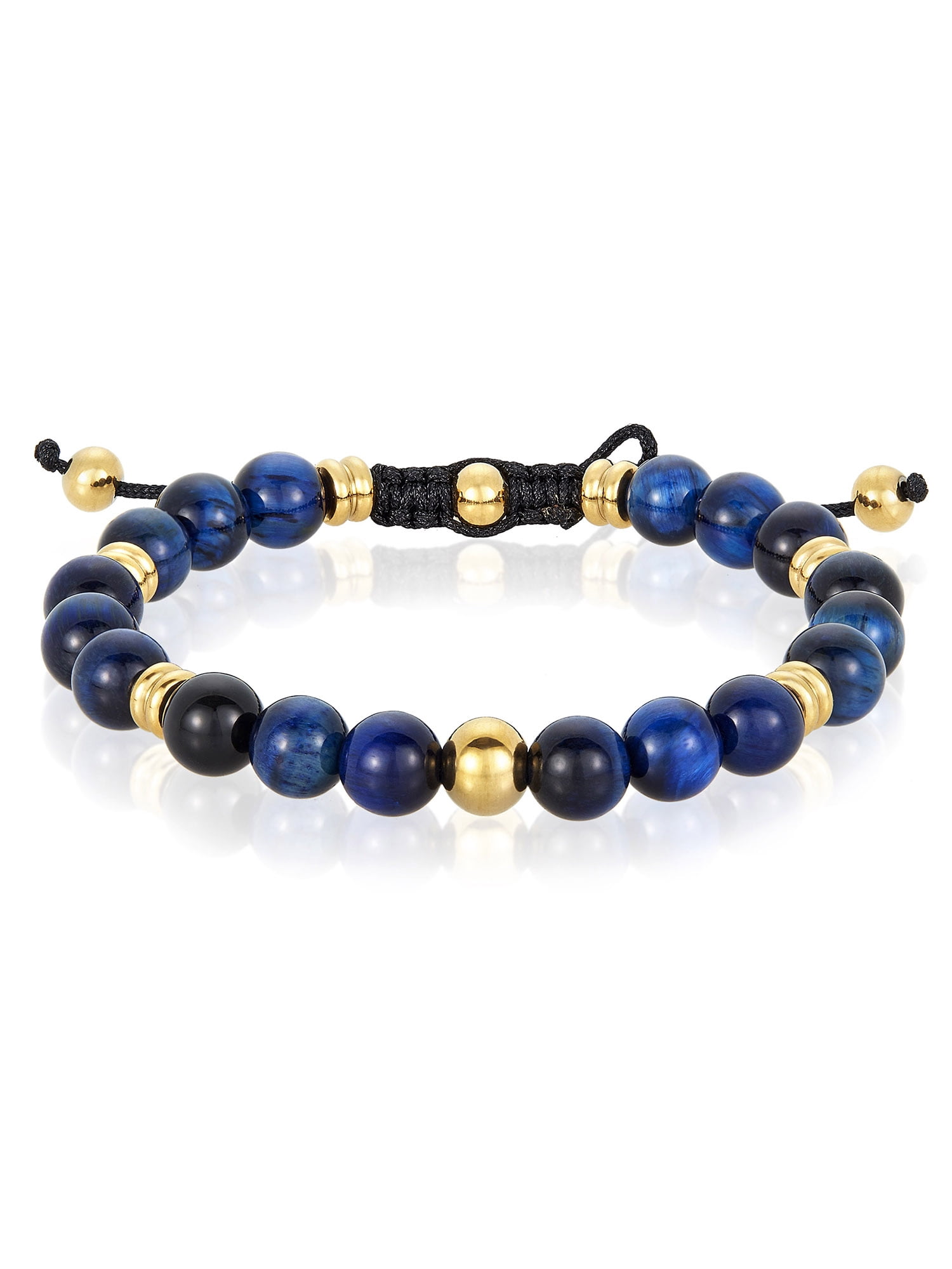 Coastal Jewelry Men's Blue Tiger's Eye Stone and Gold Plated Stainless Steel Beaded Adjustable Bracelet (8mm)