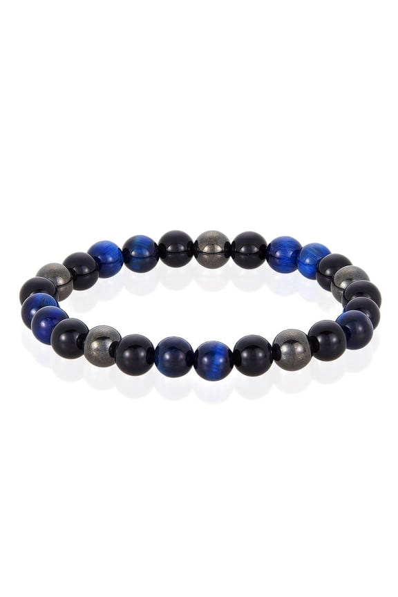 Jewelry Men's Blue Tiger Eye Stone with Onyx and Hematite Bead Stretch Bracelet (8mm)