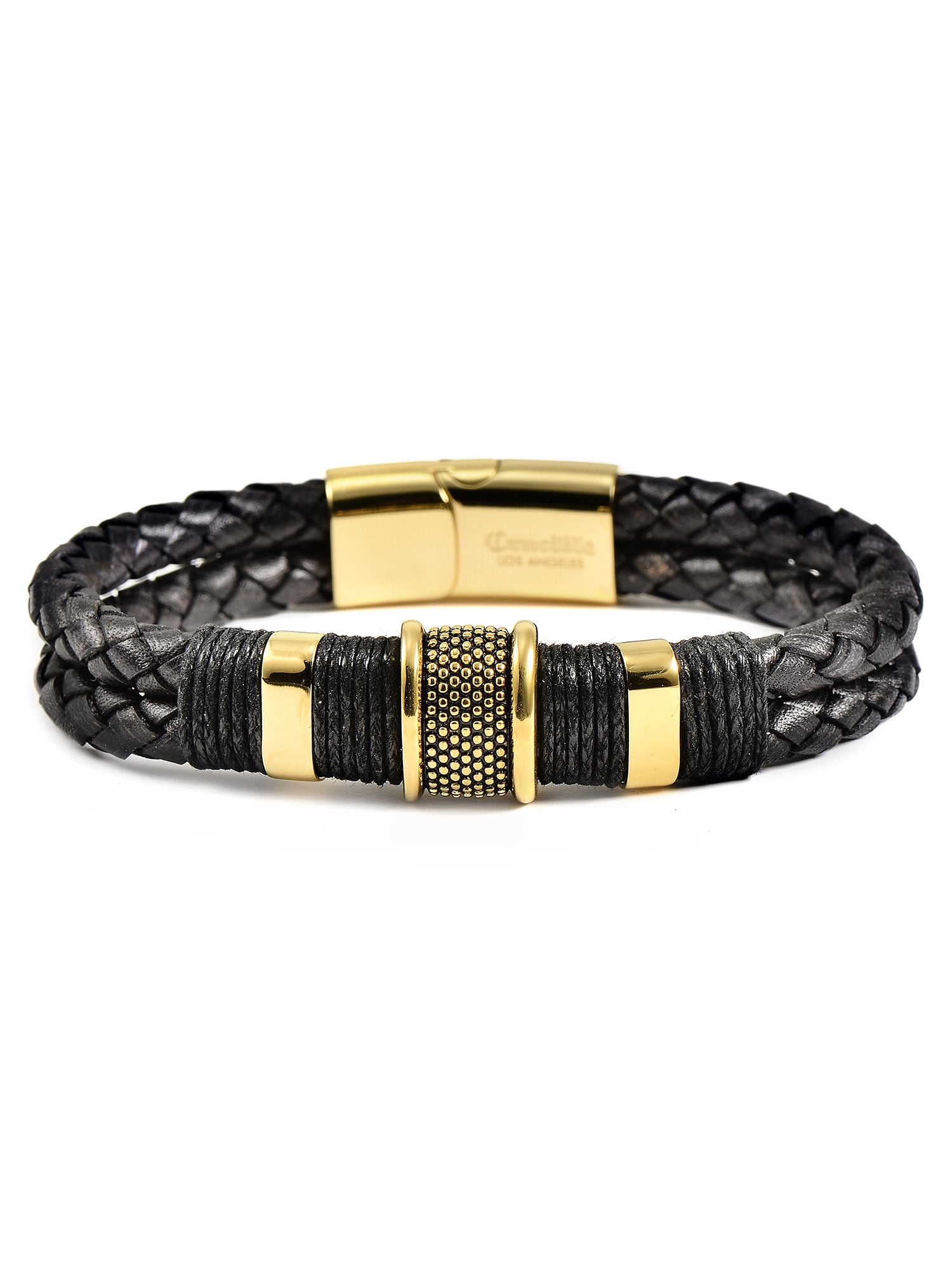 Men's 18kt Gold-Plated Square-Link Bracelet with Black Rubber. 8.5