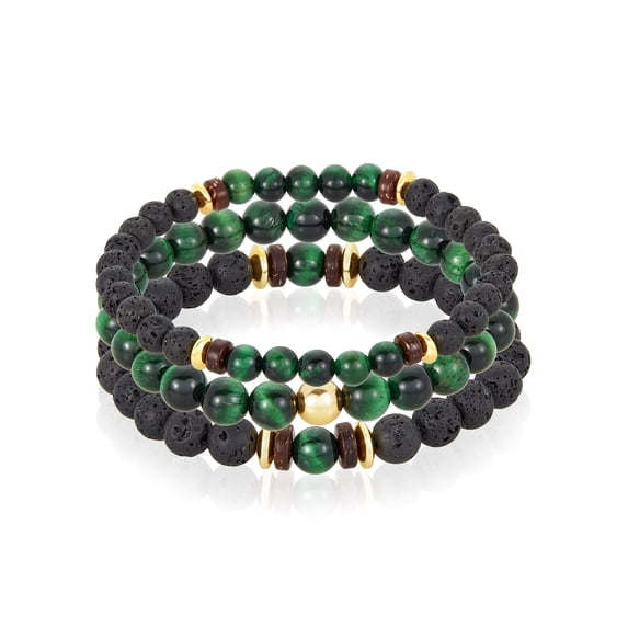 Crucible Jewelry Men's Green Tiger Eye Stone with Gold Plated Hematite, Lava and Wood Bead Stretch Bracelet Set of 3
