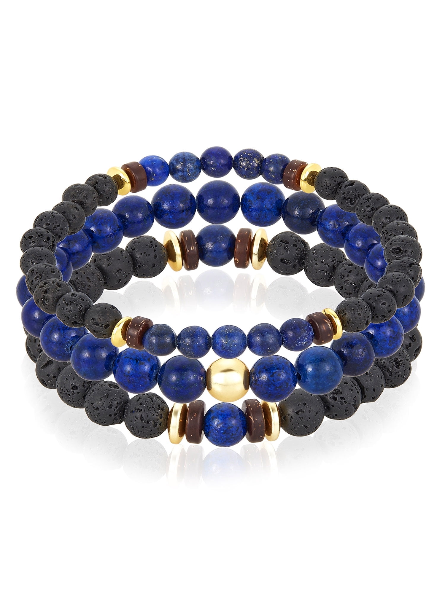 Coastal Jewelry Men's Lapis Lazuli Stone with Gold Plated Hematite, Lava and Wood Beaded Stretch Bracelet Set of 3
