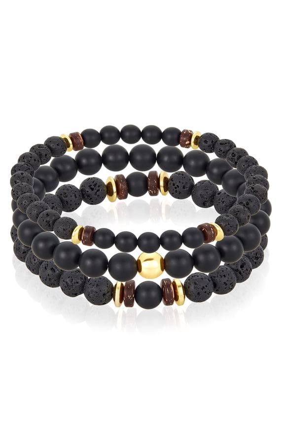 Jewelry Men's Matte Agate Stone with Gold Plated Hematite, Lava and Wood Bead Stretch Bracelet Set of 3