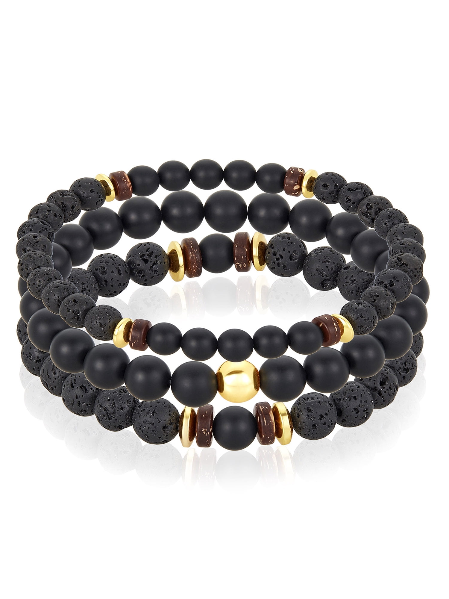 Coastal Jewelry Men's Matte Agate Stone with Gold Plated Hematite, Lava and Wood Beaded Stretch Bracelet Set of 3