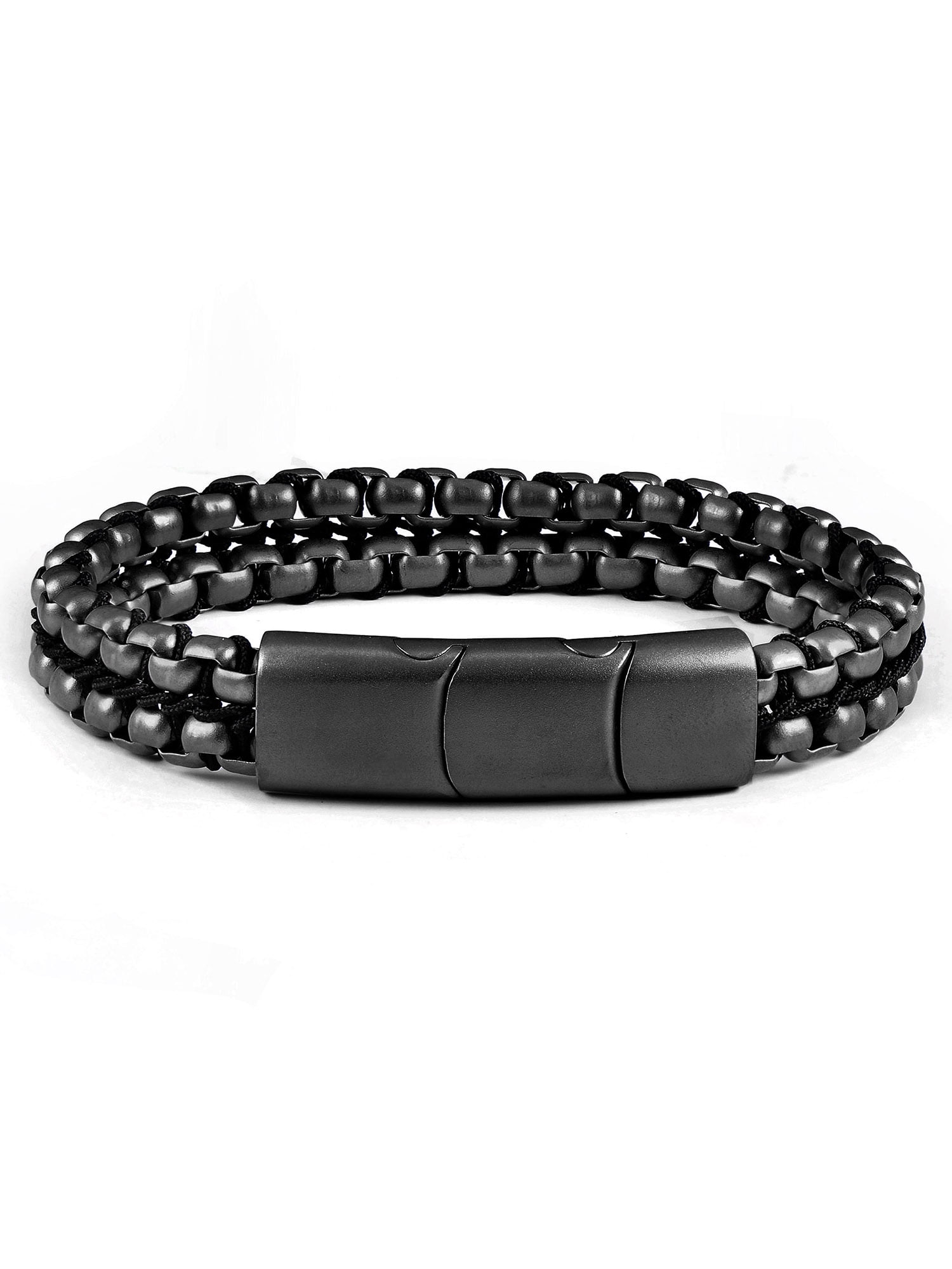 Matte Finish Stainless Steel Double Row Box Chain Bracelet with Black Nylon Cord - Black