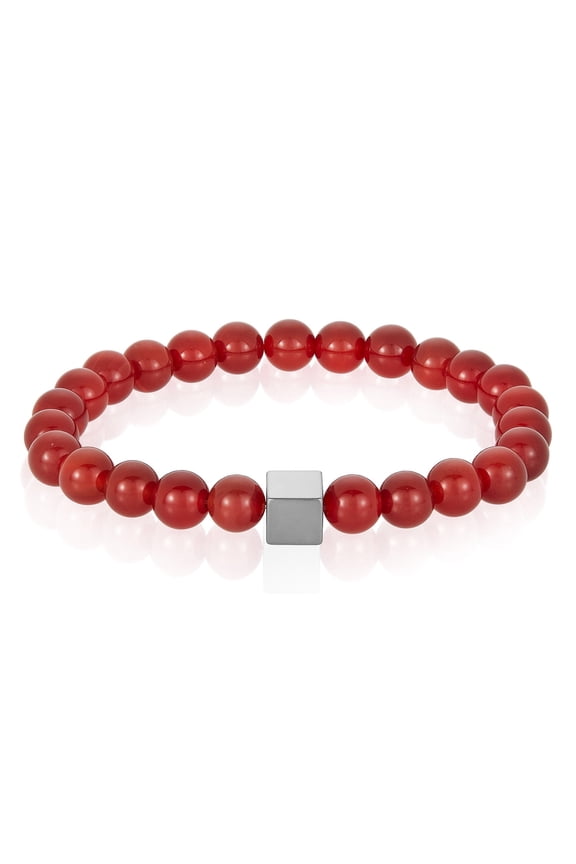 Jewelry Men's Red Agate Stone with Hematite Cube Bead Stretch Bracelet (8mm)