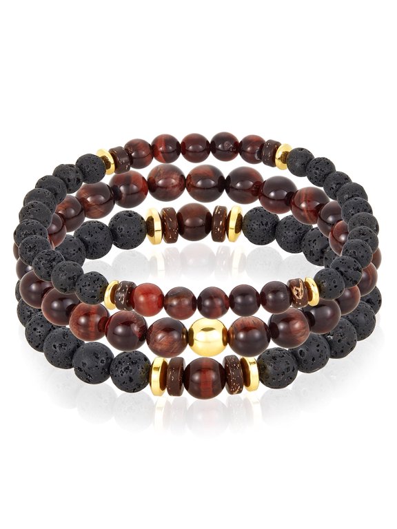 Jewelry Men's Red Tiger Eye Stone with Gold Plated Hematite, Lava and Wood Bead Stretch Bracelet Set of 3