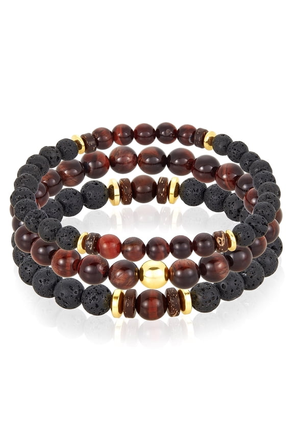 Jewelry Men's Red Tiger Eye Stone with Gold Plated Hematite, Lava and Wood Bead Stretch Bracelet Set of 3