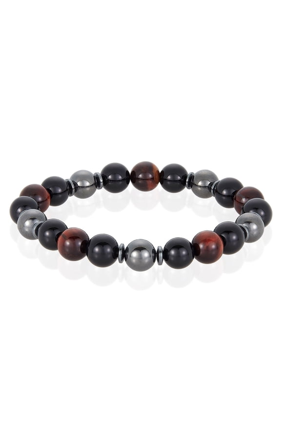 Jewelry Men's Red Tiger Eye Stone with Onyx and Hematite Bead Stretch Bracelet (10mm)