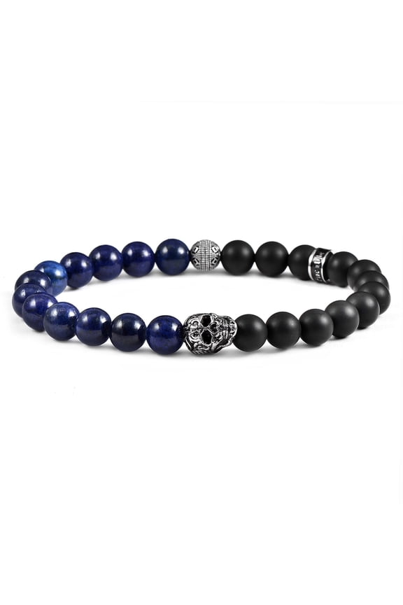 Jewelry Men's Skull with Lapis Lazuli and Matte Onyx Stone Bead Stretch Bracelet (8mm)