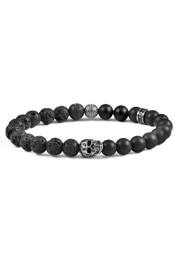 Jewelry Men's Skull with Lava and Matte Onyx Stone Bead Stretch Bracelet (8mm)