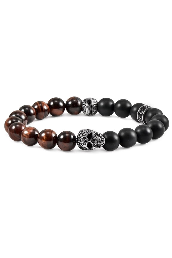 Jewelry Men's Skull with Red Tiger Eye and Matte Onyx Stone Bead Stretch Bracelet (10mm)