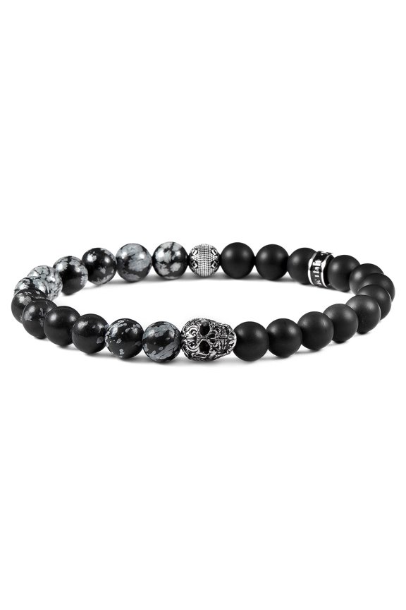 Jewelry Men's Skull with Snowflake Agate and Matte Onyx Stone Bead Stretch Bracelet (8mm)