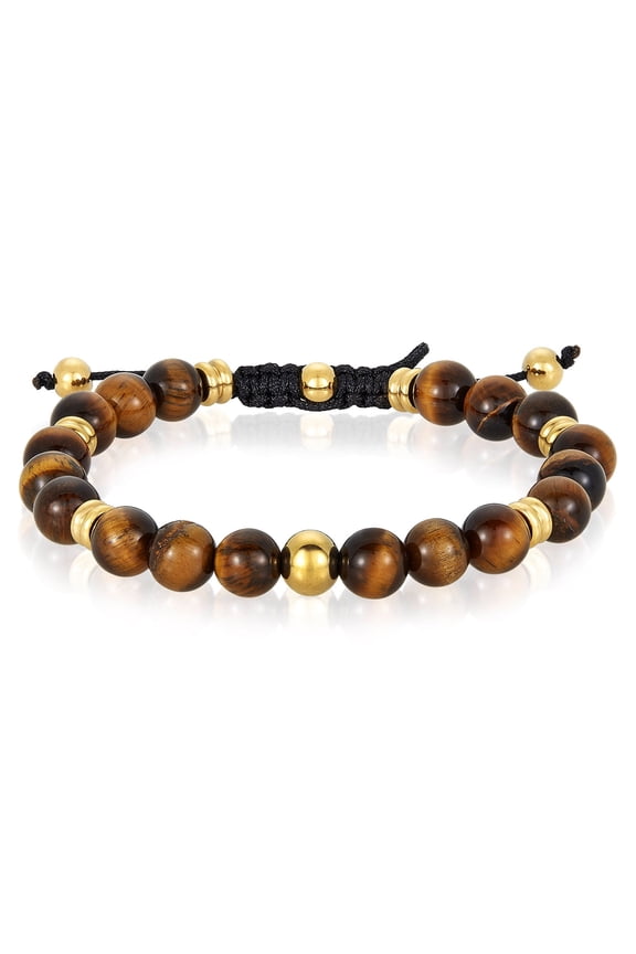 Jewelry Men's Tiger Eye Stone and Gold Plated Stainless Steel Bead Adjustable Bracelet (8mm)