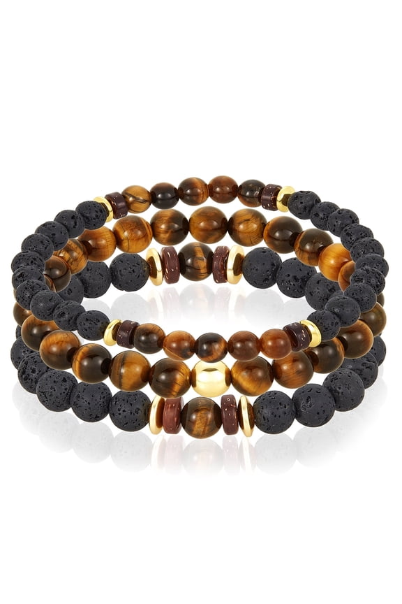 Jewelry Men's Tiger Eye Stone with Gold Plated Hematite, Lava and Wood Bead Stretch Bracelet Set of 3