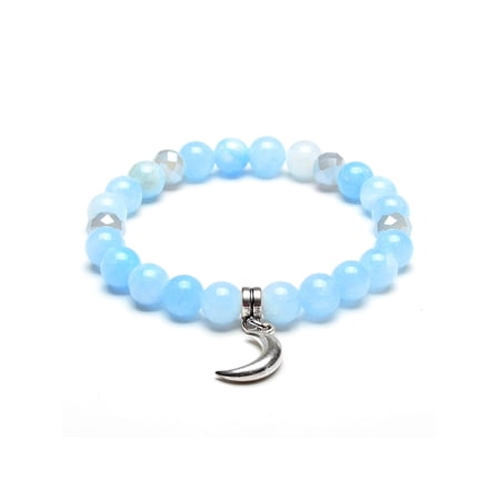 ELYA Jewelry Women's Moon Charm Blue Jade Stone Bead Stretch Bracelet (8mm Wide)