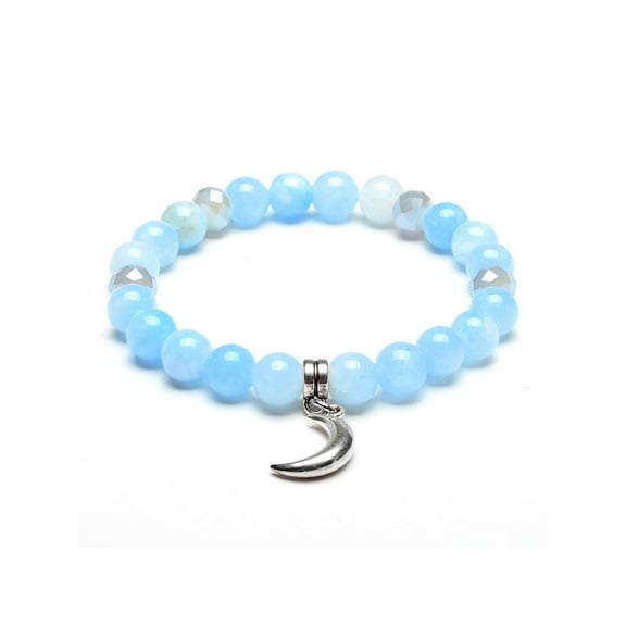 ELYA Jewelry Women's Moon Charm Blue Jade Stone Bead Stretch Bracelet (8mm Wide)
