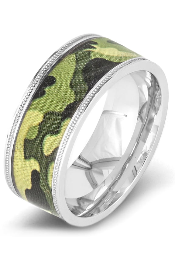 Men's Polished Green Camouflage Inlay Steel Ring (9mm)