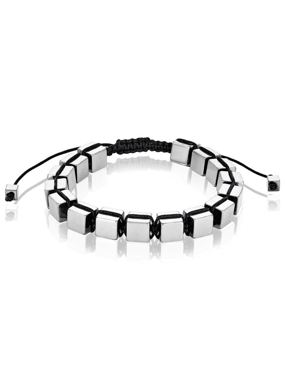 Men's Silver Plated Hematite Cube Stone Bead Adjustable Bracelet (8mm)
