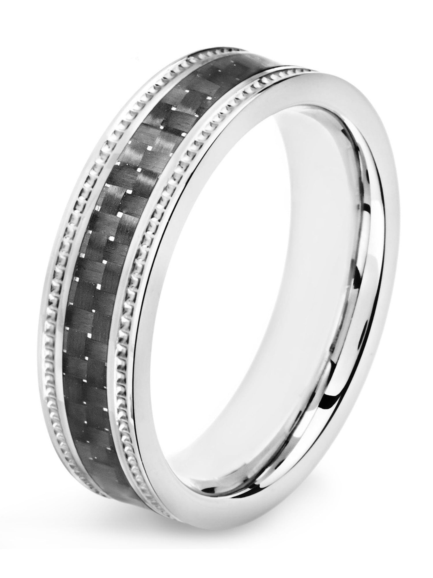 Coastal Jewelry Stainless Steel Black Carbon Fiber Inlay Ridged Edge