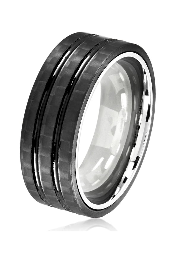 Jewelry Men's Grooved Carbon Fiber Steel Ring (8mm)