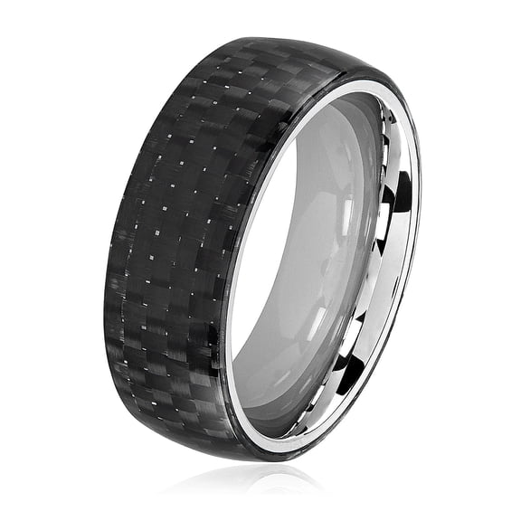 Crucible Jewelry Men's Glossy Carbon Fiber Overlay Domed Steel Ring (8mm)