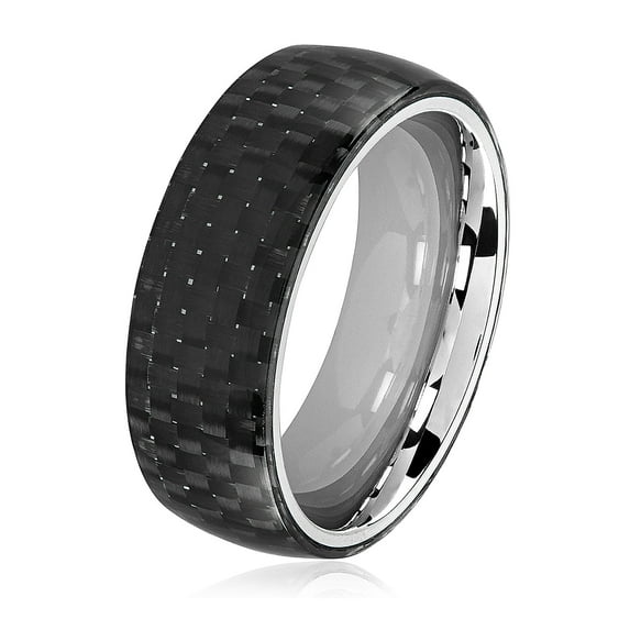 Crucible Jewelry Men's Glossy Carbon Fiber Overlay Domed Steel Ring (8mm)