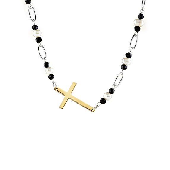 ELYA Women's Polished Cross Freshwater Pearls and Agate Steel Necklace - 33"