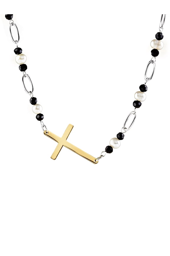 Women's Polished Cross Freshwater Pearls and Agate Steel Necklace - 33"