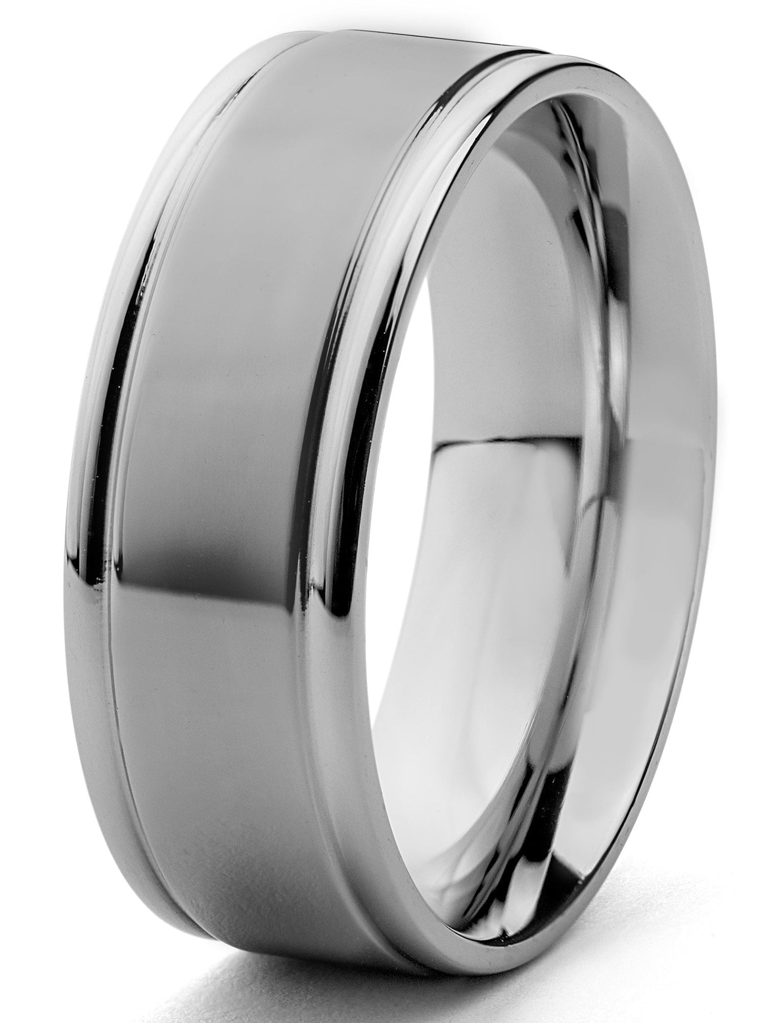 Crucible Jewelry Men's Brushed and Polished Grooved Edges Steel Ring (8mm)