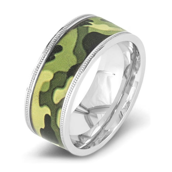 West Coast Jewelry Men's Polished Green Camouflage Inlay Steel Ring (9mm)