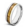 thumbnail image 1 of Crucible Jewelry Men's Polished Wood Inlay Ridged Edge Steel Ring (8mm), 1 of 4
