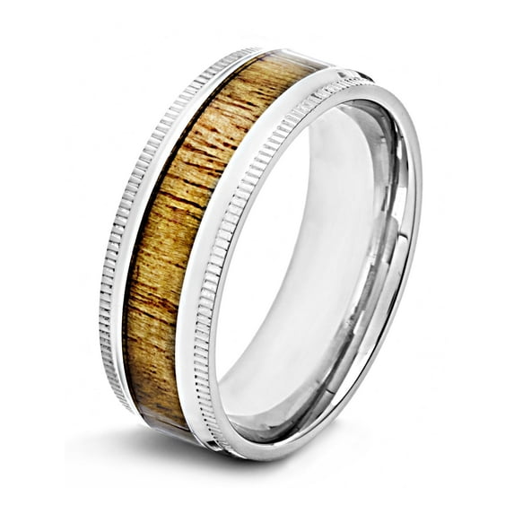Crucible Jewelry Men's Polished Wood Inlay Ridged Edge Steel Ring (8mm)