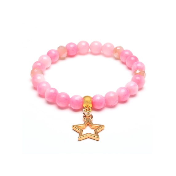 ELYA Jewelry Women's Star Charm Pink Jade Stone Bead Stretch Bracelet (8mm Wide)