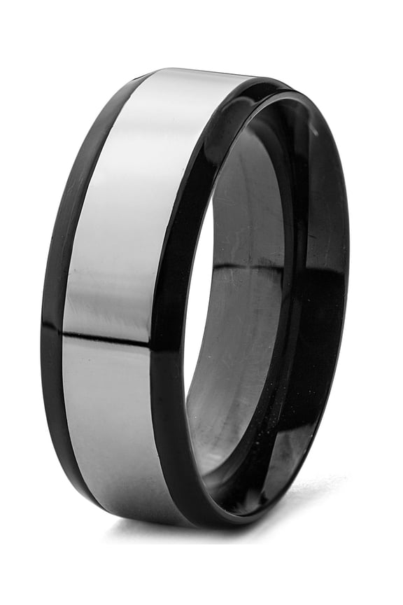 Men's Two Tone Stainless Steel Beveled Edge Band Ring (8mm)