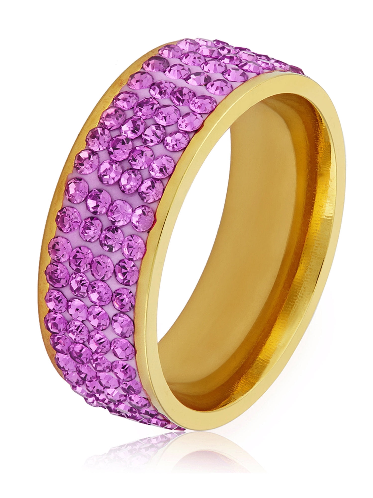 ELYA Jewelry Women's Purple Crystal Stones Gold Plated Stainless Steel Band Ring (8mm Wide)