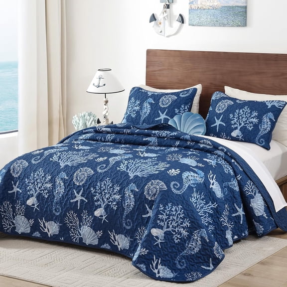 Coastal King Size Quilt Set 3 Pcs Summer Blue Beach Theme Reversible Microfiber Ocean Bedding Nautical Coverlet Lightweight Comforter for All Season