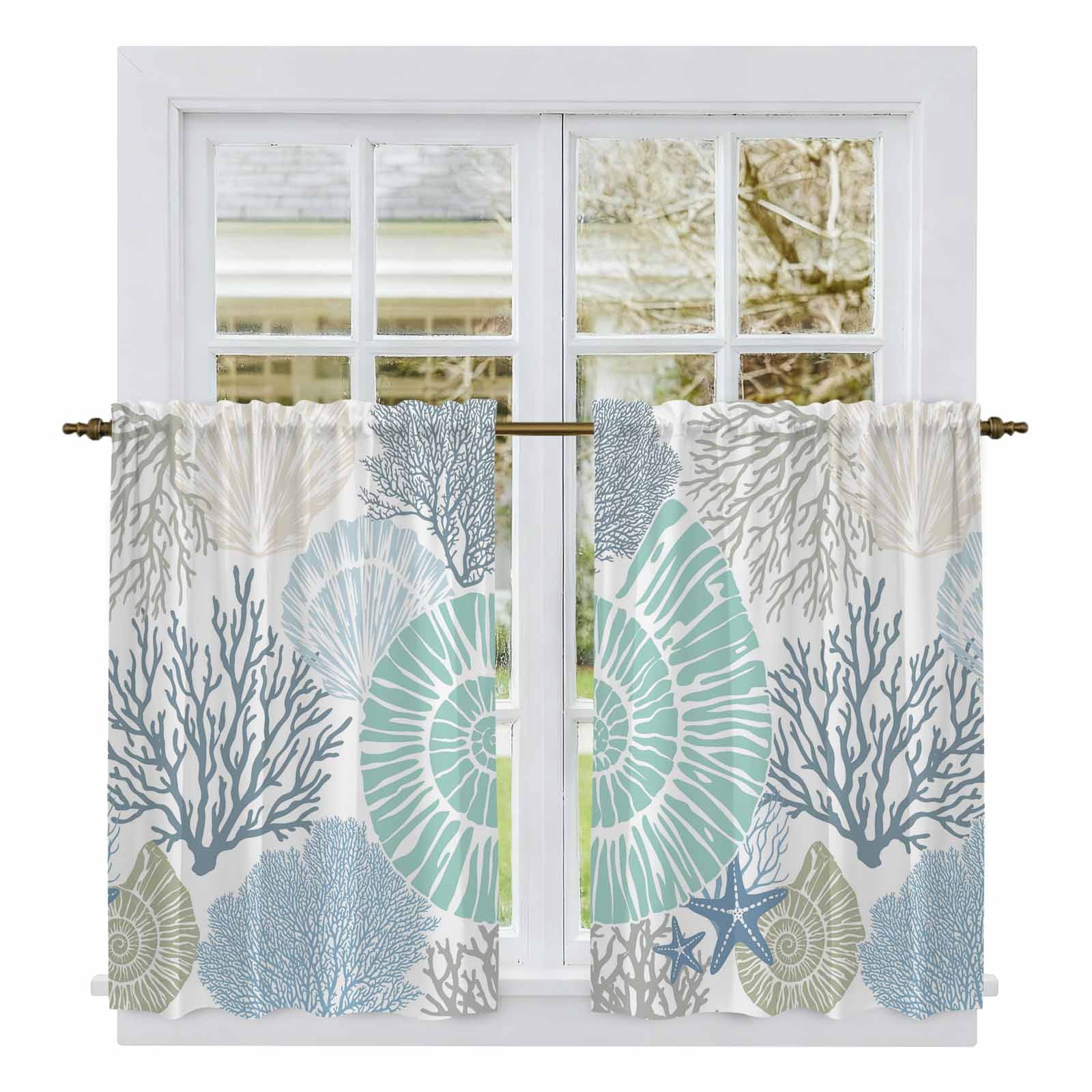 Coastal Kitchen Curtains, Blue Starfish Teal Green Conch Ocean Coral ...