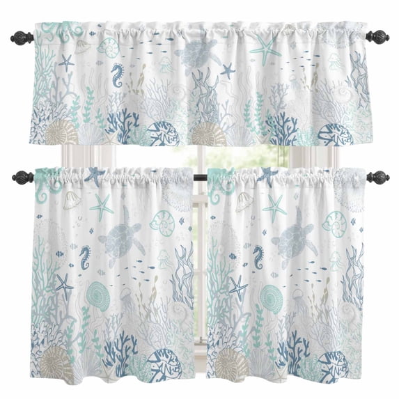 Coastal Kitchen Curtains Sets for Windows 36 Inch Length, Turquoise Blue Turtle Starfish Coral Jellyfish Rod Pocket Window Treatments Tier Curtains and Valances Set for Bedroom/Bathroom