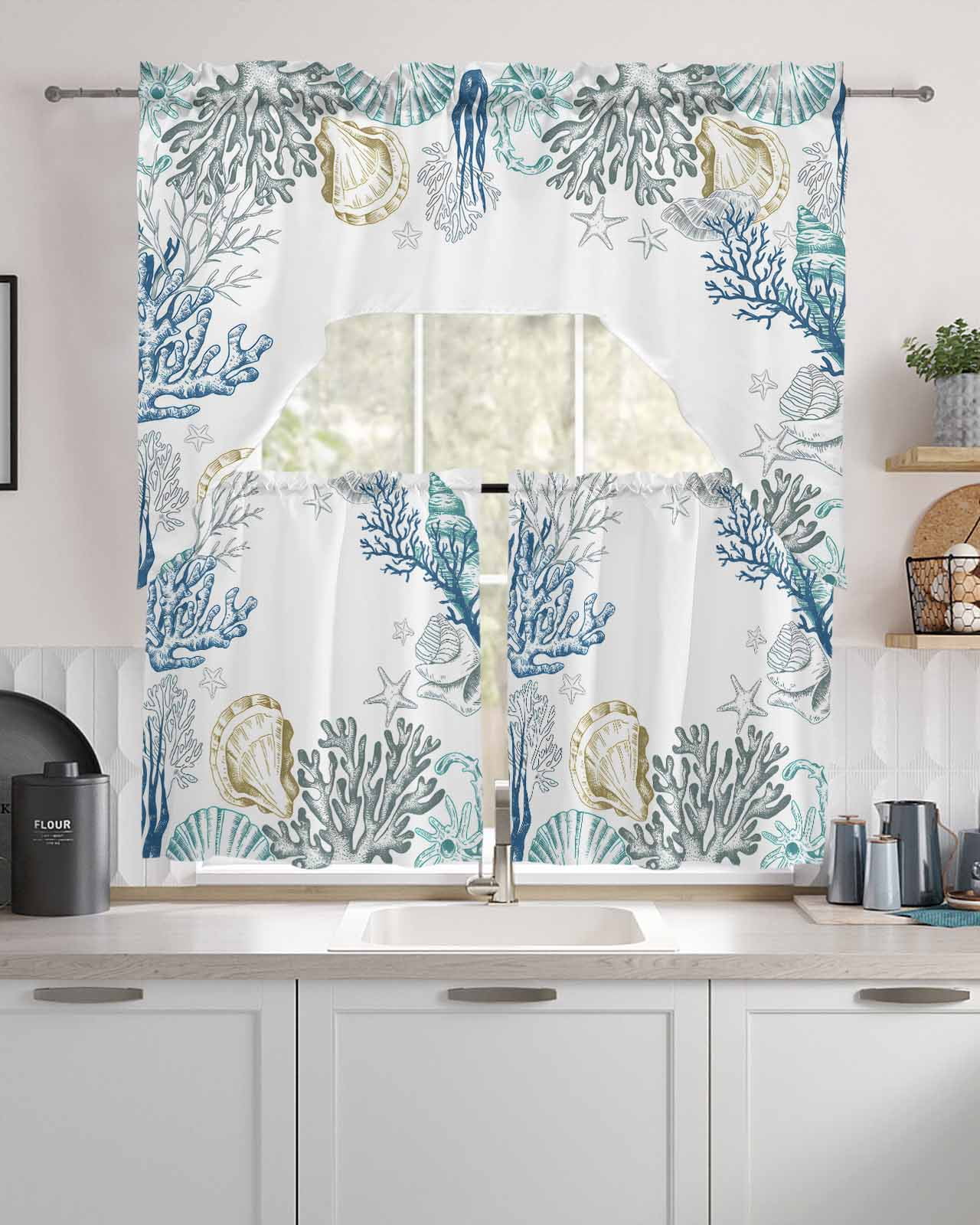 Coastal Kitchen Curtains and Valance Set,Ocean Coral Shell Turquoise ...