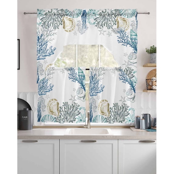 Coastal Kitchen Curtains and Valance Set,Ocean Coral Shell Turquoise ...