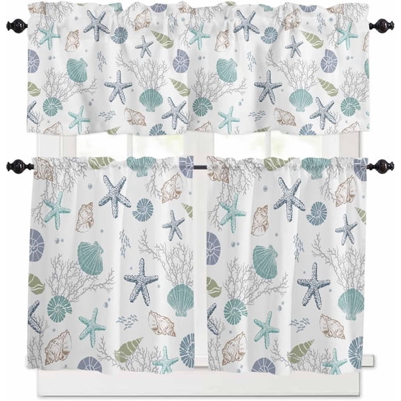 Coastal Kitchen Curtains and Valances Set, Rod Pocket Ocean Theme Tier Curtains 24 Inch Length, 3 Piece Nautical Starfish Seashells Short Cafe Drapes Sea Coral Beach Conch Window Treatments Set