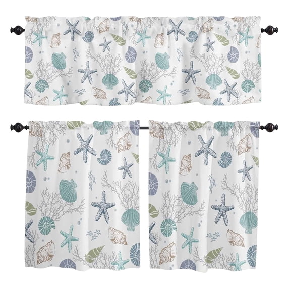 Coastal Kitchen Curtains and Valances Set, Rod Pocket Ocean Theme Tier Curtains, 3 Piece Nautical Starfish Seashells Short Cafe Drapes Sea Coral Beach Conch Window Treatments Set, C