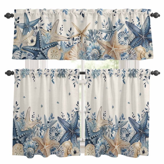 Coastal Kitchen Curtains Valances and Tiers Set of 3 Ocean Blue Beige Starfish Shells Leaves Retro Linen Tier Curtains and Valance with Rod Pocket for Small Windows, 27.5"x36"