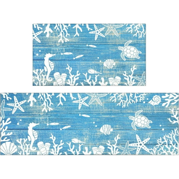 Coastal Kitchen Rugs and Mats Set of 2, Blue Ocean Beach Coastal Farmhouse Non-Skid Washable for Kitchen Floor Sink Mats Decor and Accessories 17"x30"+17"x47"